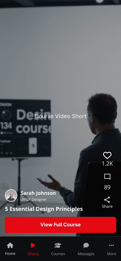 The Upgram reels feed, showing a short-form video with a creator's caption, like/comment/share counts, and the app's bottom navigation